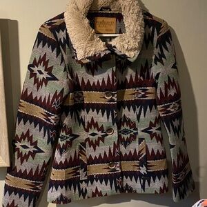 Wool Blend Aztec Pattern  Jacket coat lined faux fur collar spring fall boho